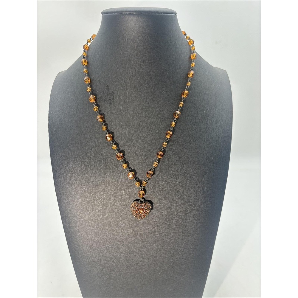 Vintage Roxanne Assoulin amber glass bead & rhinestone heart 18" necklace